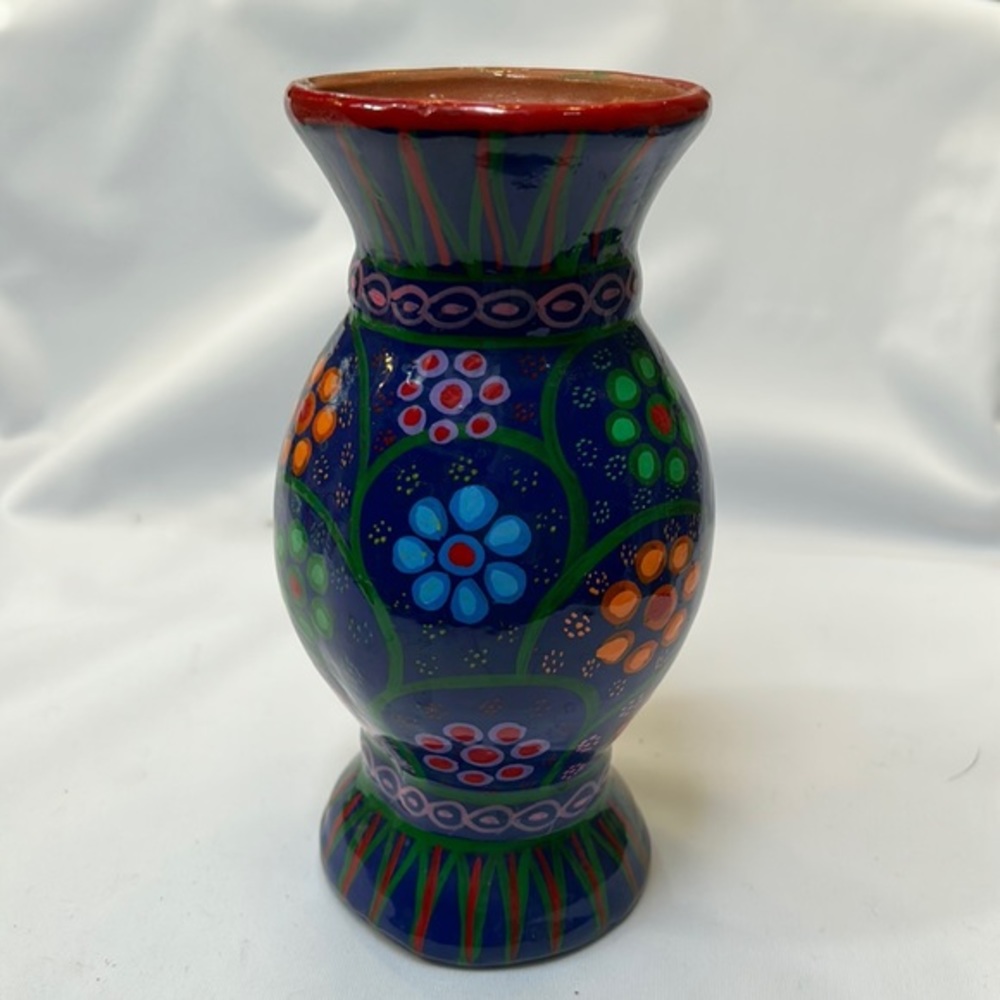 Vintage Mexican Folk Art Painted Terracotta Vase